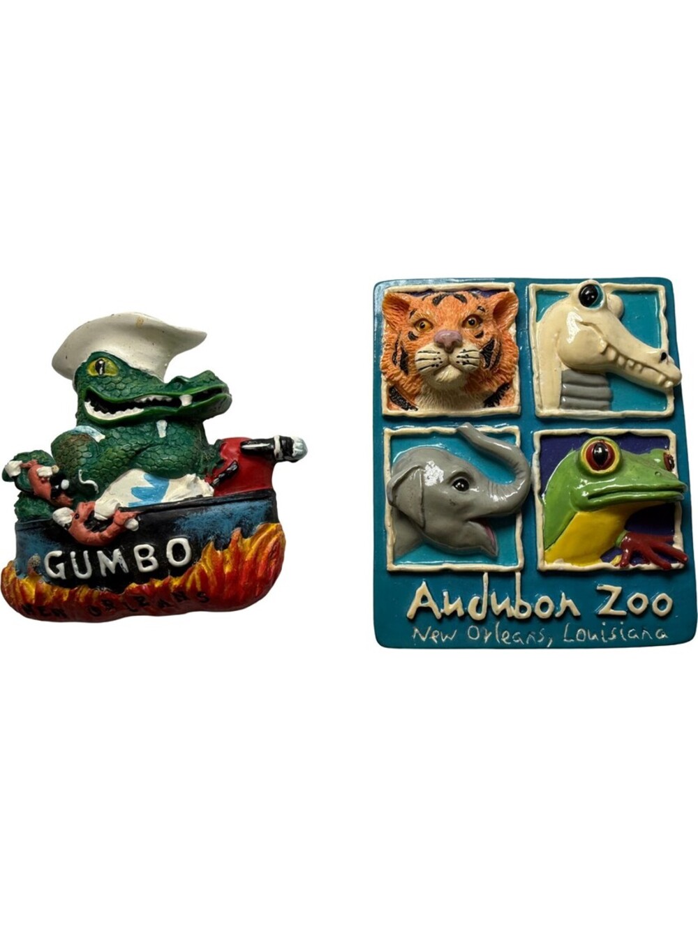 2 pc Lot Vintage New Orleans Louisiana Magnets Audobon Zoo / Gumbo Ceramic Gator